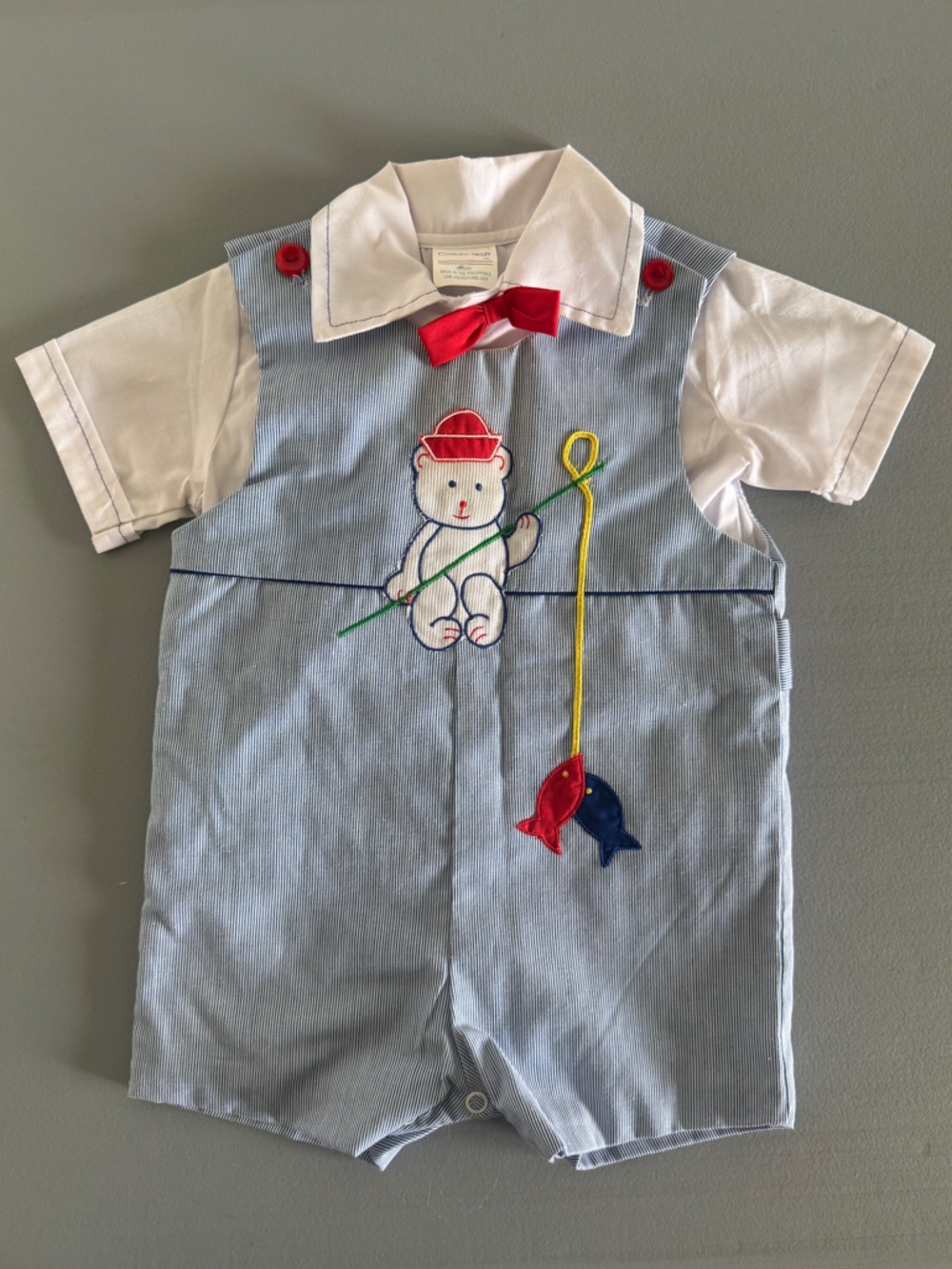 Vintage Cradle Togs Baby Boy Romper Set Blue‎ Pinstripe Bear Fishing SZ 18-24M